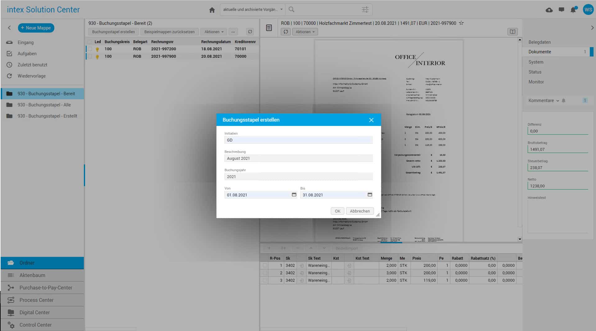 Buchungsstapel intex Connector
