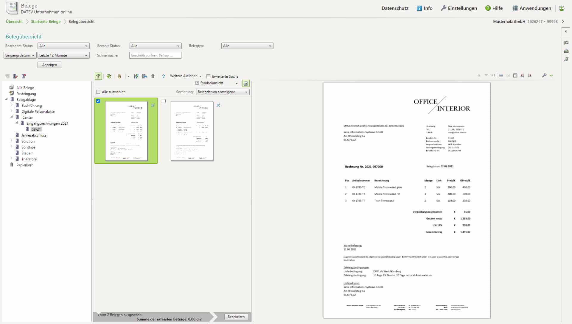 Belegübersicht intex Connector